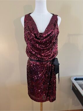 Women's Dark Red Sequin Cowl Neck Dress with satin Sash